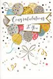 This congratulations card is illustrated like a gentle burst of celebration, the kind you might associate with a quiet yet joyful gathering in Brompton. In the centre, a bouquet of balloons rises in a loose, organic cluster, their rounded forms painted in layers of gold, silver, champagne, sky blue, and soft pink. Every balloon feels individual, decorated with shimmering details-fine stripes, tiny starbursts, and scattered flecks of glitter-like ink-that catch the light and add a hint of luxury without overwhelming the eye. From their bases, slender gold and silver ribbons sweep downward in elegant curves, crossing over and looping like the trailing foliage in a carefully composed floral arrangement. These ribbons gather at the lower edge of the design, forming a playful, swirling knot that grounds the floating shapes above. The backdrop is a pale, warm tone, dusted with delicate stars, confetti dots, and curls that suggest movement, as if an invisible breeze is lifting decorations in a townhouse near Brompton Road. Cutting across the centre is a soft, scroll-like banner carrying the message Congratulations To You in poised, flowing script, the lettering dark enough to read clearly yet refined enough to feel special. Subtle metallic accents around the banner and balloons add depth and a sense of occasion, reminiscent of candlelight reflecting off glassware at a celebration. Altogether, the card conveys lightness, pride, and genuine warmth, an ideal companion to fresh flowers delivered around Brompton for graduations, promotions, new jobs, or any milestone deserving a heartfelt, beautifully presented congratulations.