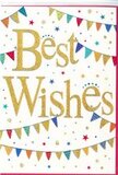This card presents Best Wishes as the star of a joyful little scene, perfectly suited to accompany flowers delivered anywhere through Brompton. In the centre, the phrase is written in flowing, confident script, stamped in rich gold foil that gleams over a bright white background. The letters are slightly raised, giving the impression of texture and craftsmanship, as if carefully pressed by hand in a small studio just off Old Brompton Road. Surrounding this golden message, strings of bunting swoop gracefully from one edge of the card to the other, forming loose, festive arches. Each pennant is a small triangle of colour-ruby red, ocean blue, fresh lime, sunflower yellow, and soft pink-some with tiny polka dots, others with neat stripes or specks of glitter that catch the eye. The bunting brings to mind community celebrations or summer fairs in nearby gardens, where flags dance gently in a light breeze. Between these arcs of colour, scattered stars and confetti-like dots drift across the white surface, giving the design a sense of motion as though tiny pieces of paper have just been tossed into the air. The stars vary in size, some sharp and pointed, others more like soft bursts of light, all echoing the card's central feeling of optimism. Despite its playful spirit, the overall composition is neat and well-balanced, with plenty of white space that keeps the design elegant rather than busy. This card feels ideal for congratulating someone on a milestone-perhaps a new home near Brompton Road, a promotion, or an exciting personal achievement-offering a warm, radiant wish that feels as sincere as it is celebratory.