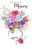 Heartfelt Mother's Day card design featuring an exuberant watercolour bouquet, painted in the kind of rich, lively hues often seen in Brompton shopfront displays during spring. At the centre, generous blooms in cerise, raspberry pink, and warm magenta are outlined with deep indigo strokes, giving them a gentle definition while still allowing the pigment to bleed and blend. Cooler tones of violet, soft blue, and dusty lilac weave between the brighter flowers, while hints of fresh green foliage peek through, suggesting stems and leaves without strict realism. Subtle yet radiant gold accents highlight petals and leaf edges, mimicking the flicker of sunlight on a freshly delivered arrangement set down in a hallway along Old Brompton Road. The bouquet is gathered into a stylised, softly curved vase, painted in translucent washes and finished with a delicate golden bow that recalls the final touch a florist adds before a bouquet leaves the shop. Surrounding the main cluster, small heart shapes and playful splashes of colour scatter across the white background like petals caught in a breeze, lending a sense of celebration and affectionate spontaneity. The card carries no printed words, relying instead on its colour harmony and flowing composition to express love, thanks, and the special bond between mother and child. It feels like a keepsake piece, perfect to accompany flowers on a Mother's Day delivery across Brompton, South Kensington, and the nearby museum quarter, where art and everyday life naturally intertwine.